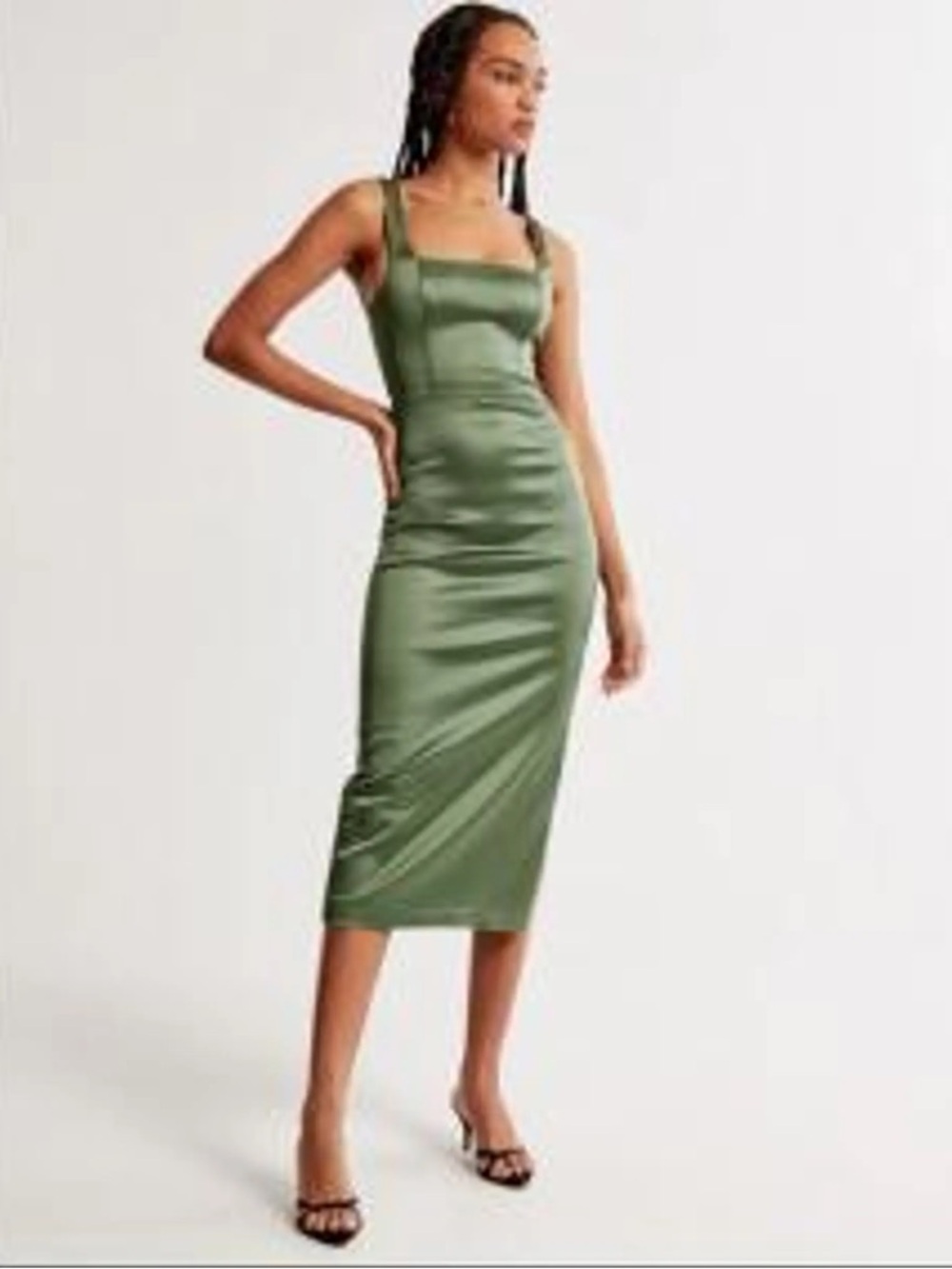 Abercrombie & Fitch Sculpting Stretch Satin Midi Dress Olive